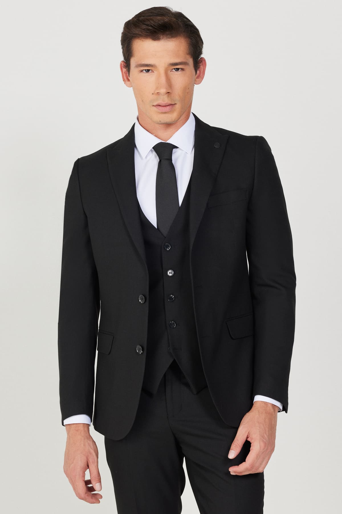 Ekstra Slim Fit Dar Kesim Kırlangıç Yaka Armürlü Siyah Yelekli Takım Elbise