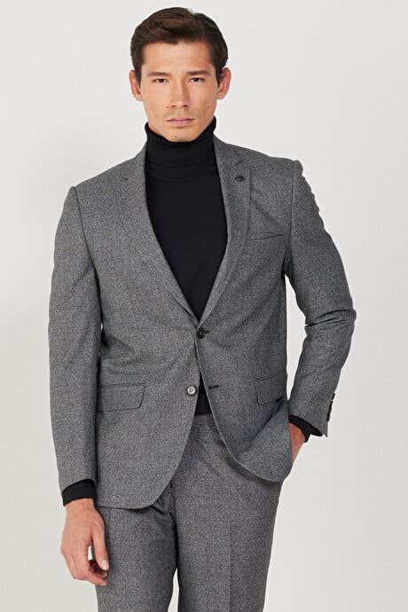 Regular Fit Geniş Kesim Mono Yaka Armürlü Siyah Takım Elbise